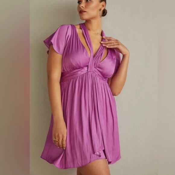 By Anthropologie Vibrant Deep V Mini Dress Purple Fuchsia A-Line Cocktail NWT - Picture 1 of 8